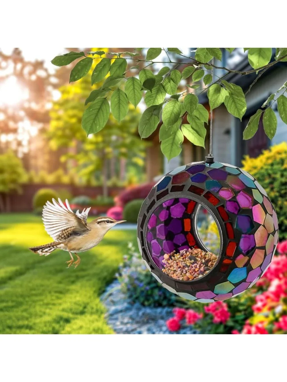 Iridescent Purple Mosaic Hanging Bird Feeder - 6-Inch Glass for Outdoors